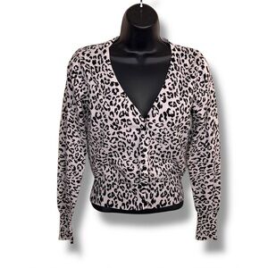 Y2K Juniors Large Grey Black Leopard Print Cropped Cardigan Sweater